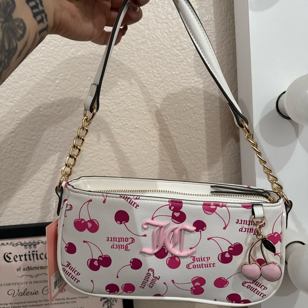 Juicy Couture White and Pink Cherry Print Shoulder Bag
